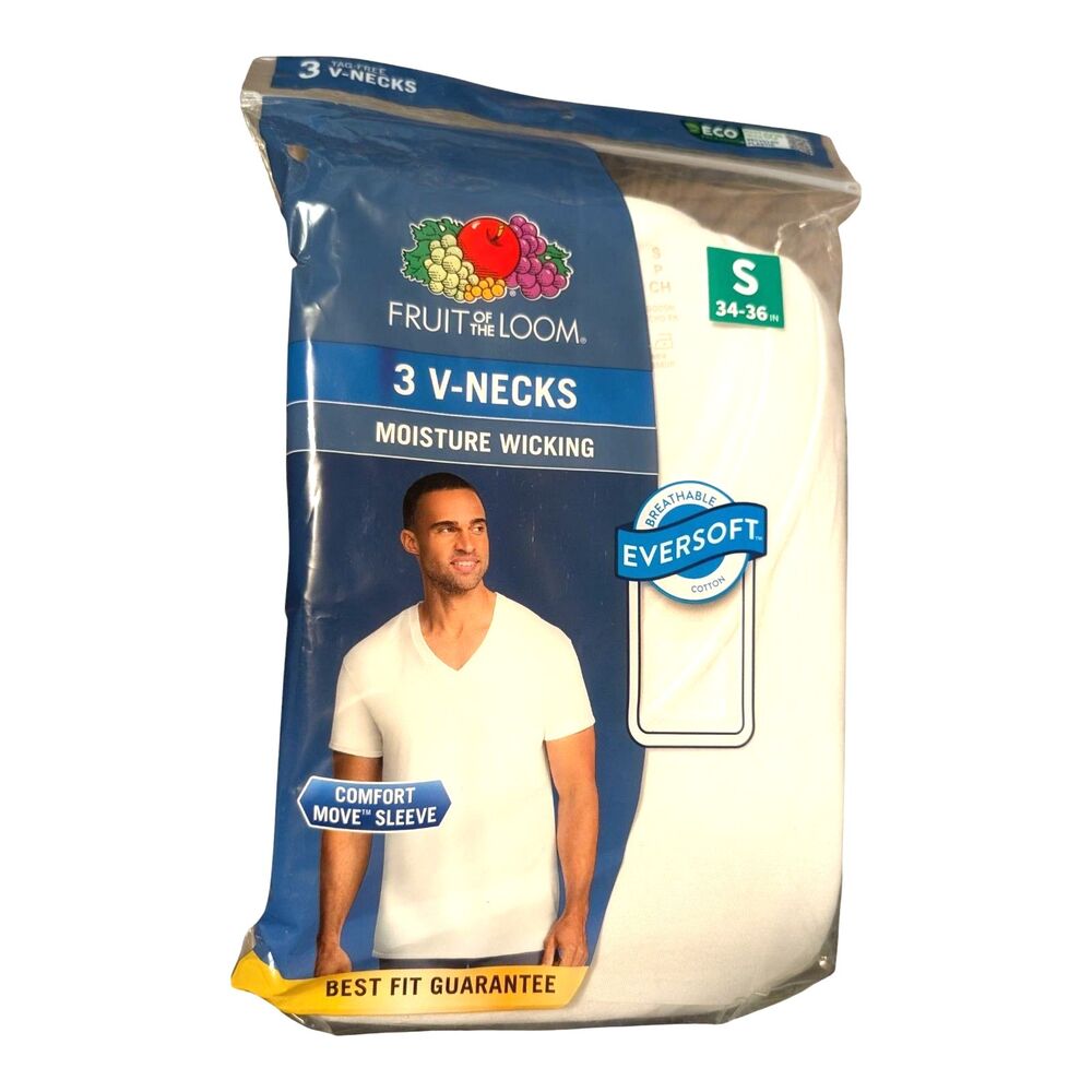 Fruit Of The Loom 3 Pack Moisture Wicking Eversoft White V Neck T Shirts SMALL
